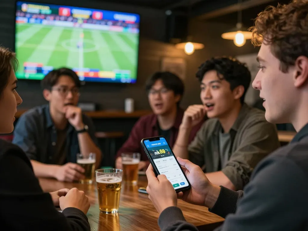 Engaged sports betting action at the pub with trang chủ nk88 app on phone.