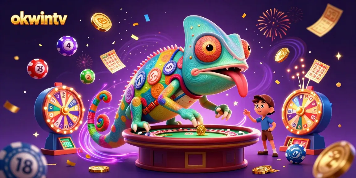 Win big with OKWINTV as colorful casino features shine in a vibrant 3D scene.