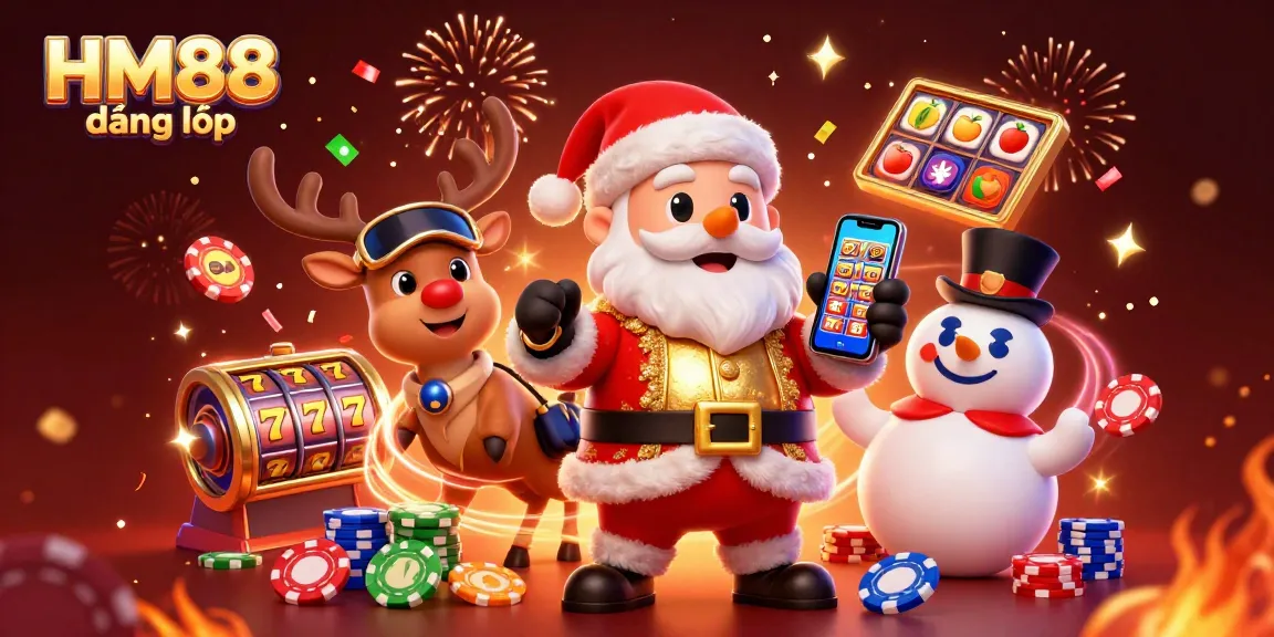 Spin the reels at HM88 đăng nhập with Santa, his reindeer, and a poker chip snowman amid bustling casino excitement!
