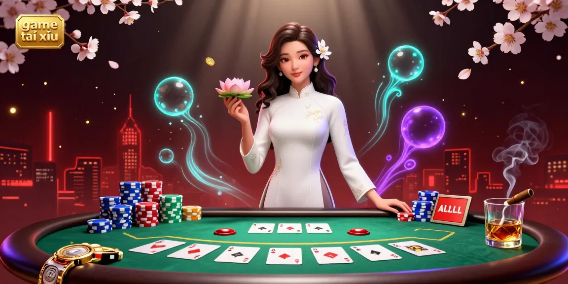 Experience the excitement of game tài xỉu with a captivating scene filled with poker elements and a graceful Asian woman.