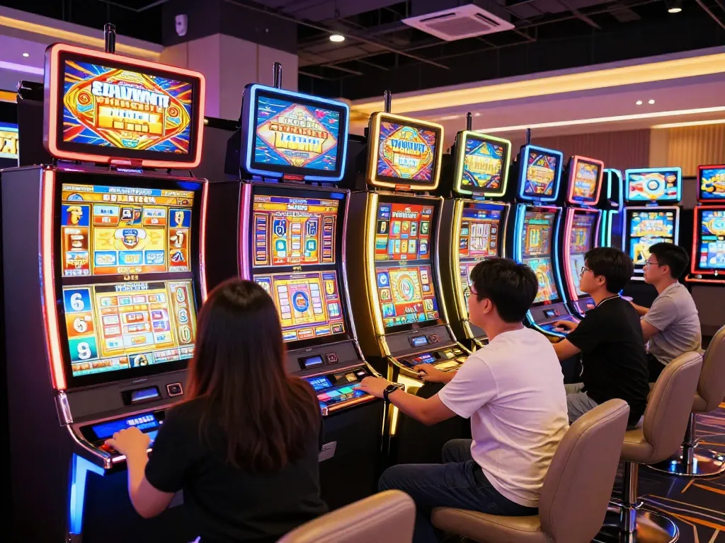 Players enjoying vibrant slot machines at 888bgo casino, celebrating wins in a lively setting.