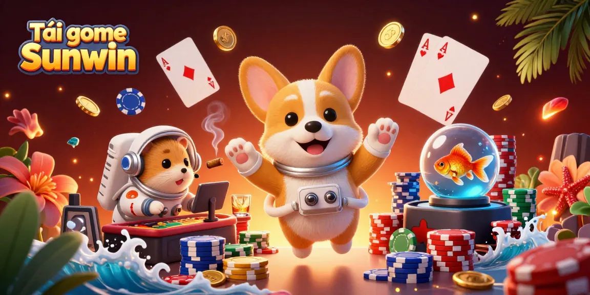 Tải game Sunwin with floating coins, vibrant characters, and casino elements in a dynamic 3D scene.