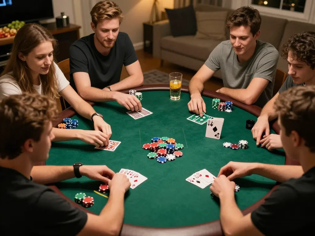 Players enjoy an exciting home poker night while discussing strategies, featuring the mb66 link prominently in the atmosphere.