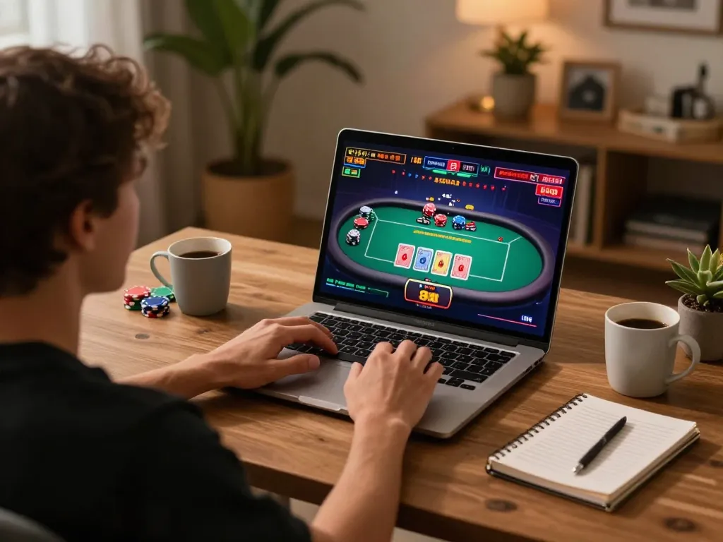 Engaged player using nk88 nhà cái for online casino gaming with cards and chips visible.