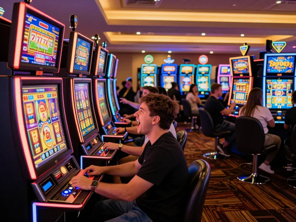 Exciting players cheering at colorful slot machine area showcasing popular slot777 games and jackpots