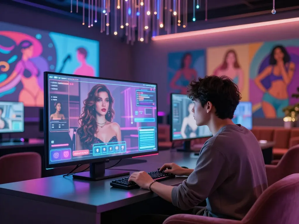 Interactive AI porn chat experience with engaging avatars and ambient lighting.