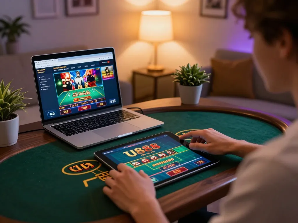 Enjoying live dealer games on U888 in a cozy home setup, embracing strategic online gambling.
