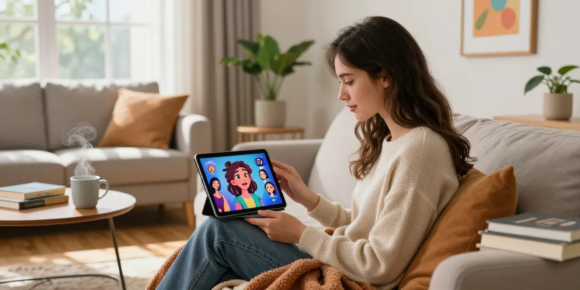 Young woman enjoying a chat with her AI girlfriend on a tablet in a cozy living room.