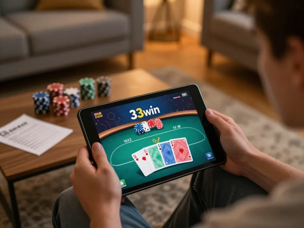 Player enjoying online poker with 33win on a tablet, showcasing strategic betting in a cozy environment.