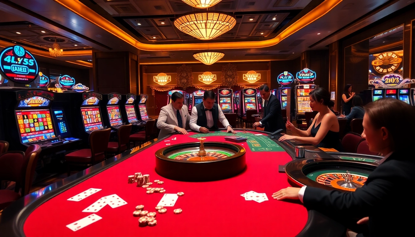 Experience thrilling gameplay at the nhà cái Fly88 casino, featuring lively tables and vibrant slot machines.