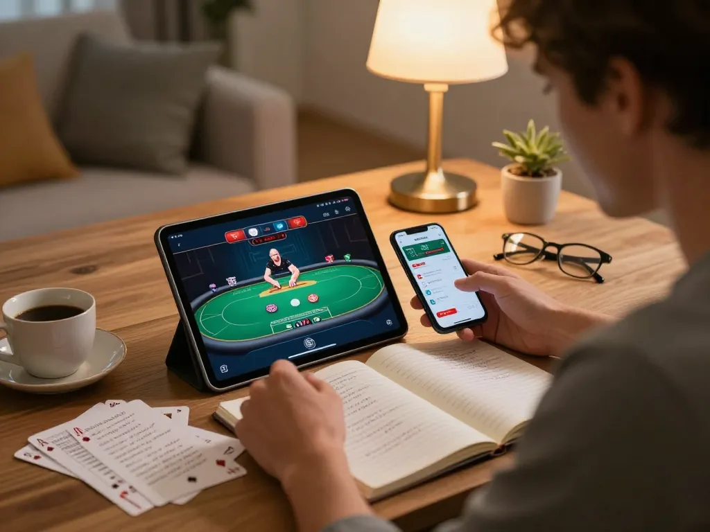 Player engaging with GA 888 on tablet, showcasing strategic gameplay and comfortable home setting.