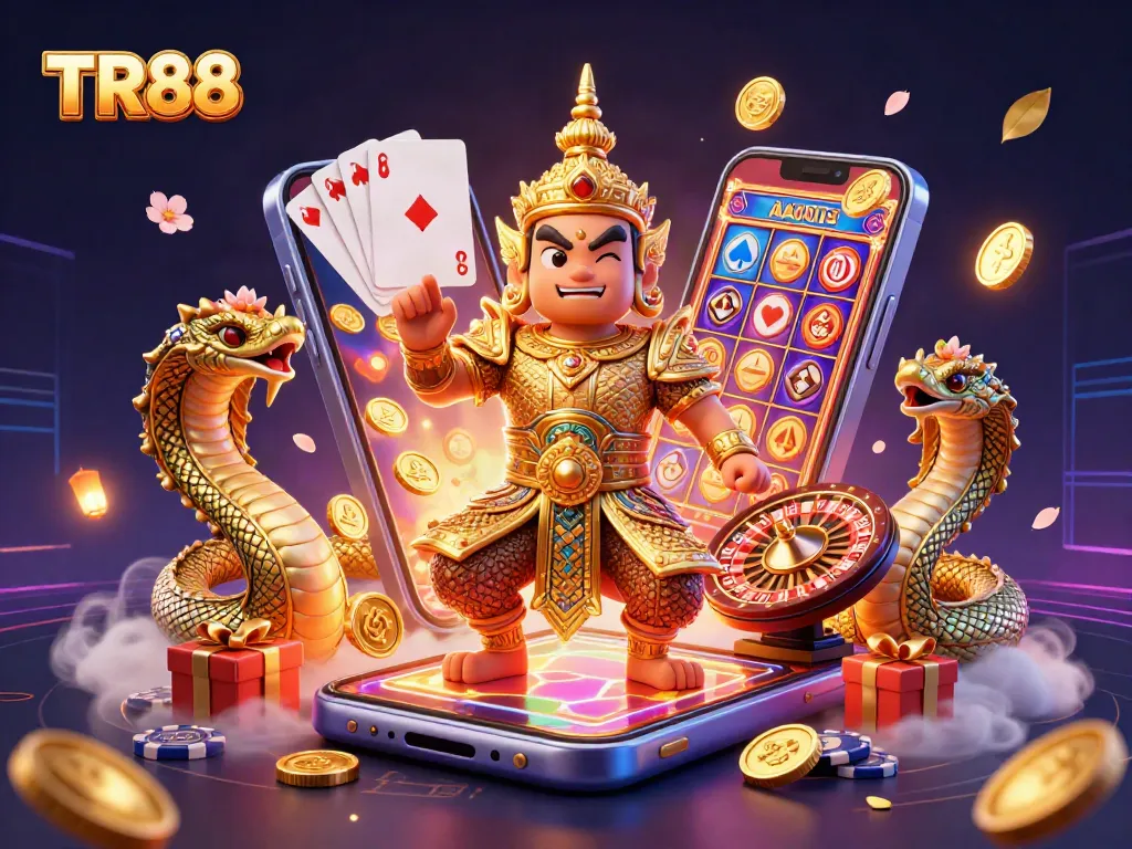 Win big with TR88 in this vibrant casino scene featuring lucky characters and game elements.