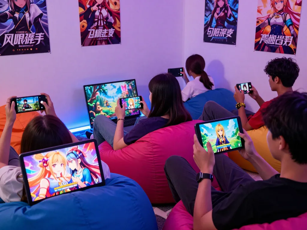 Players exploring diverse porn games on devices in a vibrant gaming space