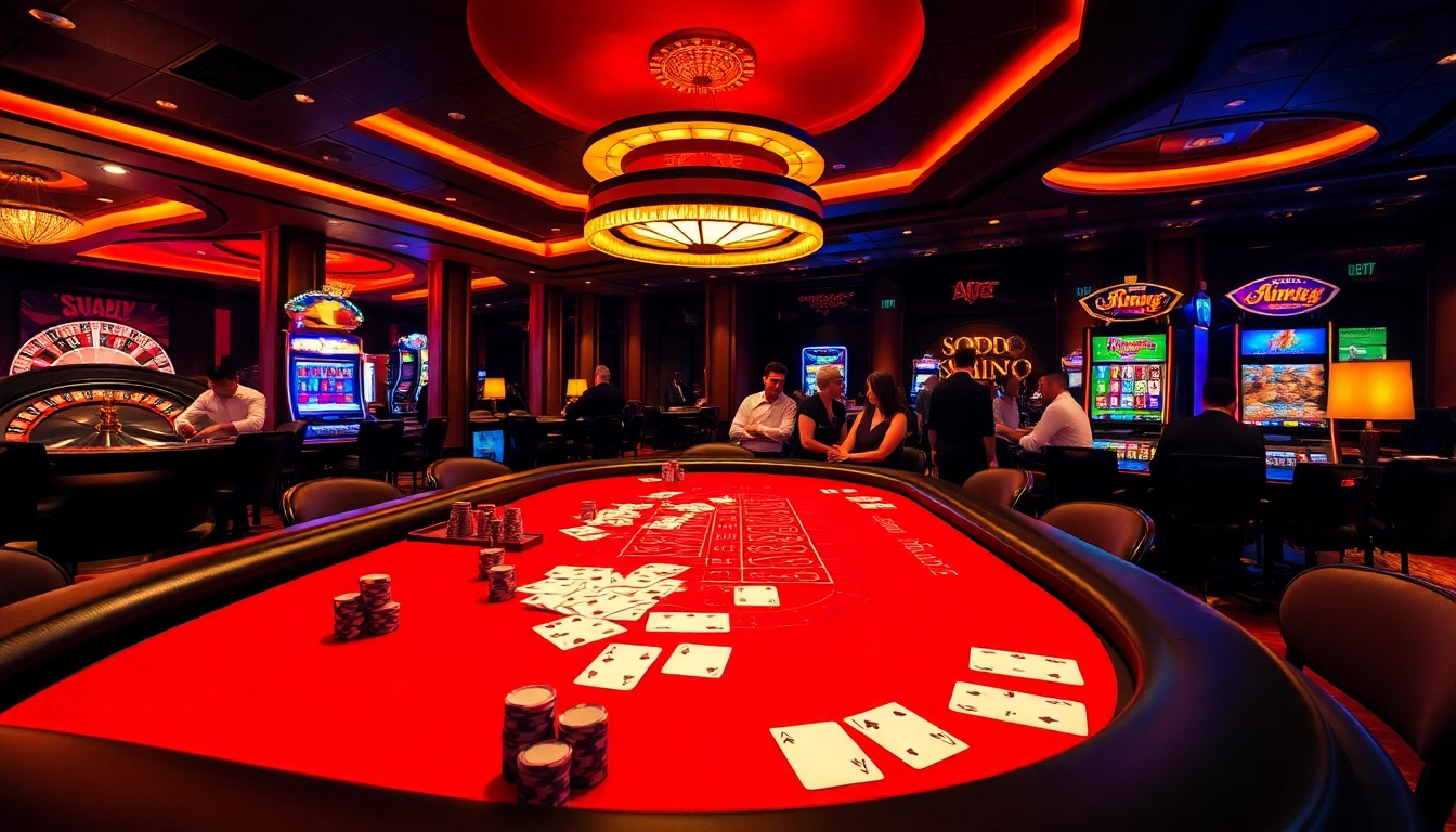SODO CASINO gaming tables with high-stakes poker chips and roulette wheel in action.