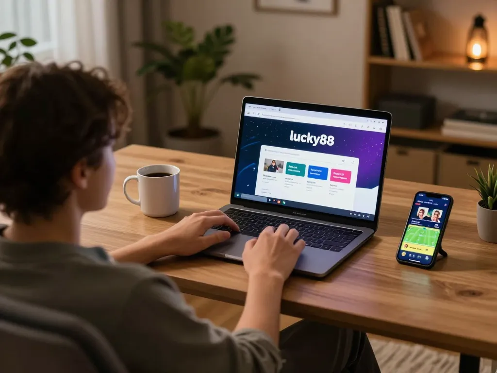 Engage in responsible online gaming with lucky88 đăng nhập on a laptop in a cozy home office.