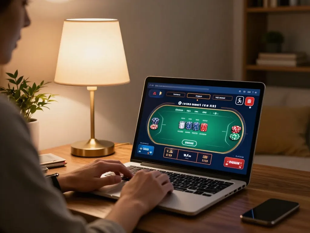 OK365 đăng nhập on a laptop, enjoying a strategic online casino game in a cozy home setting