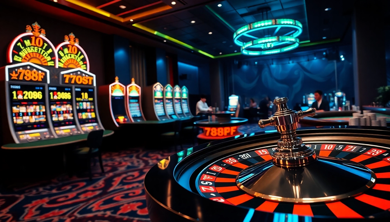 Exciting gaming scene at 789F Casino featuring poker chips, slot machines, and roulette.