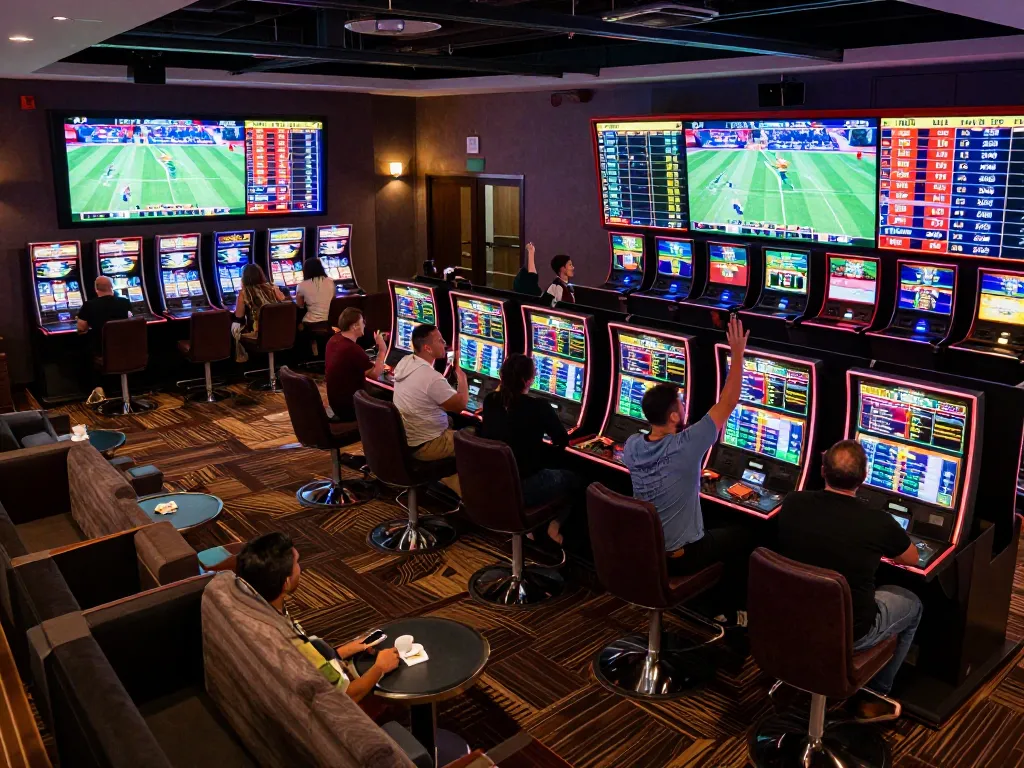 Patrons enjoy lively betting interactions at vb88 nhà cái's modern sports lounge during a game.