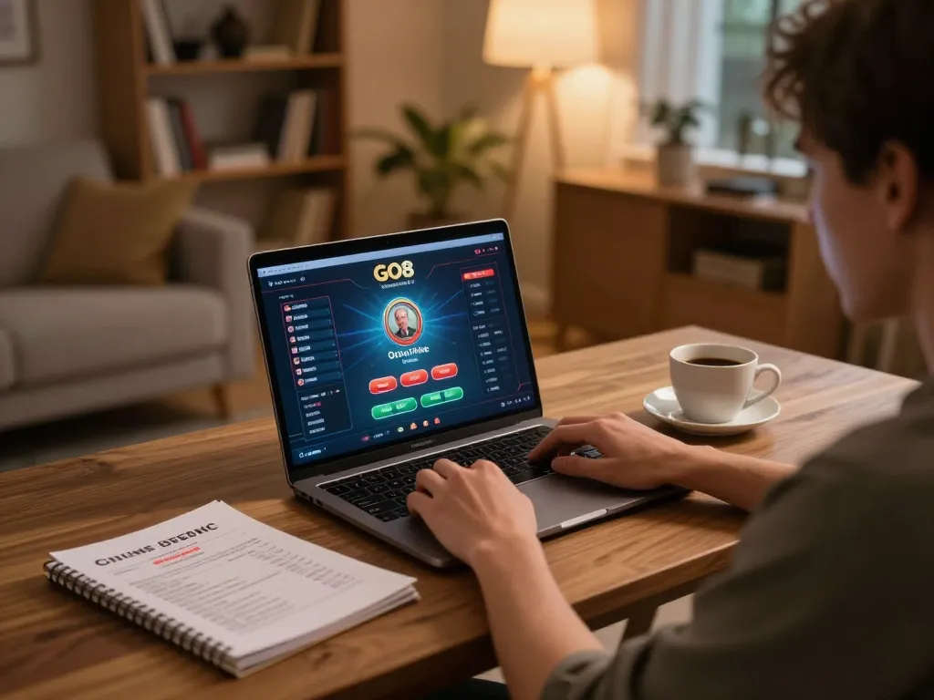 Person gaming on the GO8 platform at home, focusing on strategy and bankroll management.
