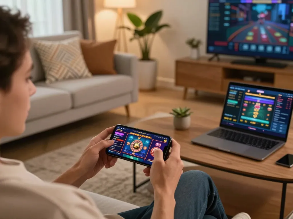 Engaging in mobile casino gameplay using vipwin com on a smartphone, showcasing a cozy home setup and vibrant gaming interface.