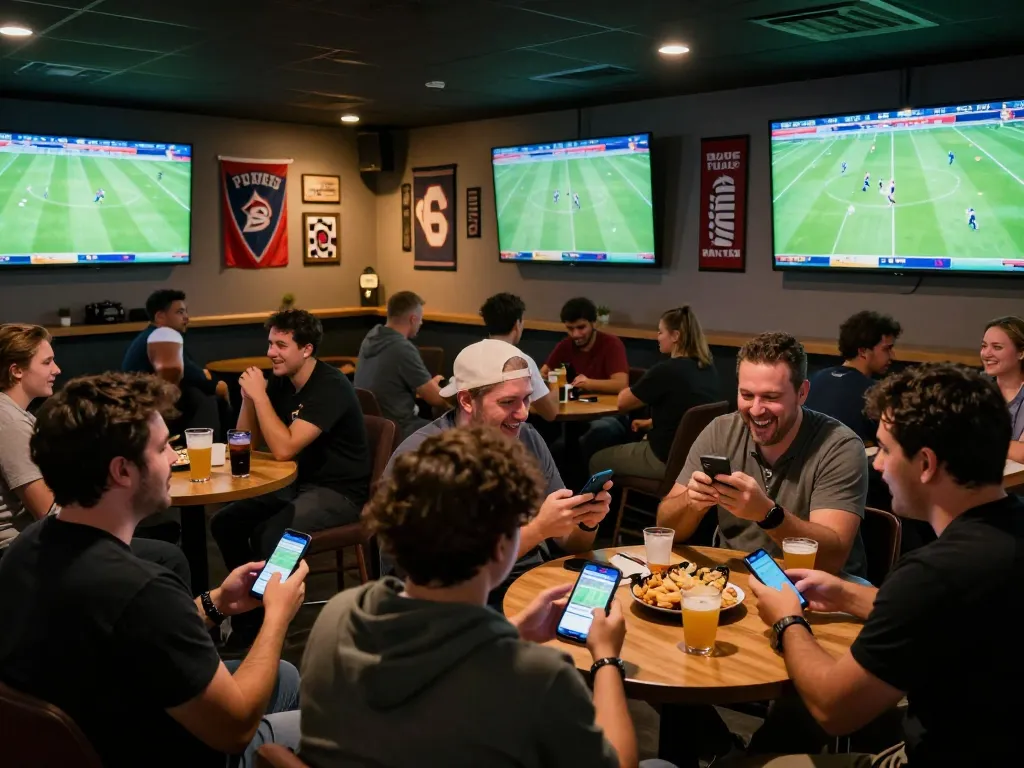 Fans engaged in sports betting excitement at keobongda lounge, smartphones in hand.
