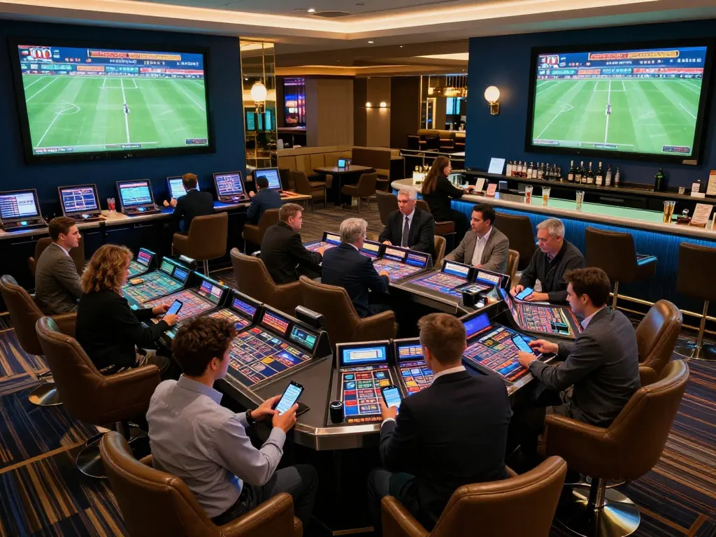 Bongdalu sports bettors excitedly engaging in live football betting while enjoying a luxurious casino ambiance.