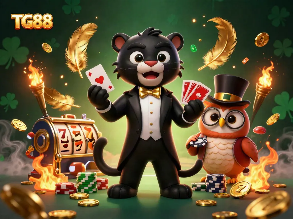 Join the lively TG88 scene where a cartoon panther and friends engage in thrilling casino action with vibrant colors.