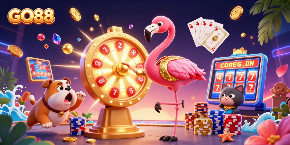 Engage with GO88's exciting games with a colorful prize wheel and lively characters celebrating a jackpot win.