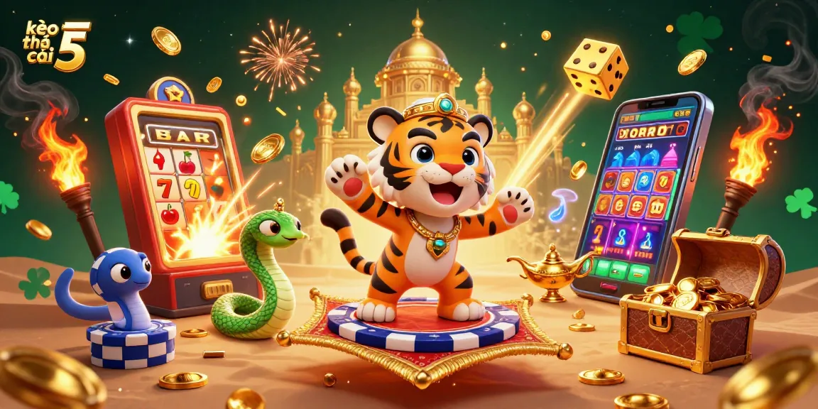 Engage with kèo nhà cái 5 through a colorful 3D illustration depicting captivating casino elements.
