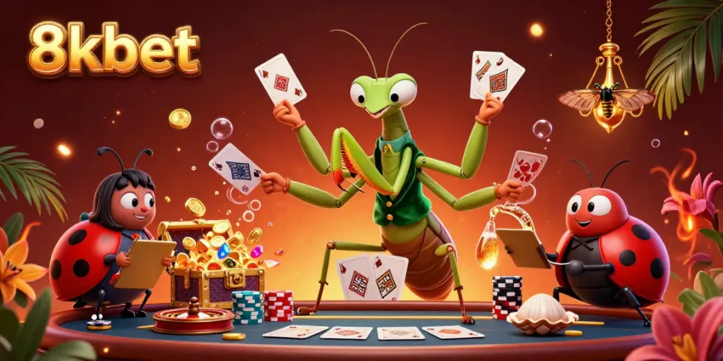 Engage with 8kbet in this vibrant digital casino scene featuring colorful characters and exciting games.