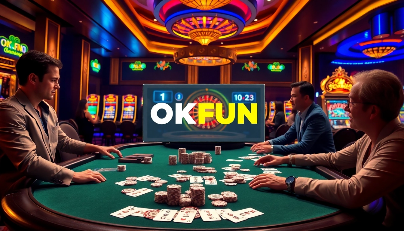 OKFUN players enjoying a thrilling casino experience at a luxurious poker table.