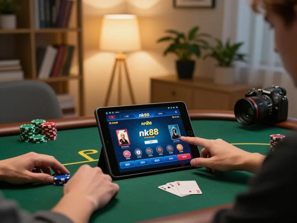Engaged player exploring nk88 trang chủ on a tablet, showcasing an exciting online casino setup