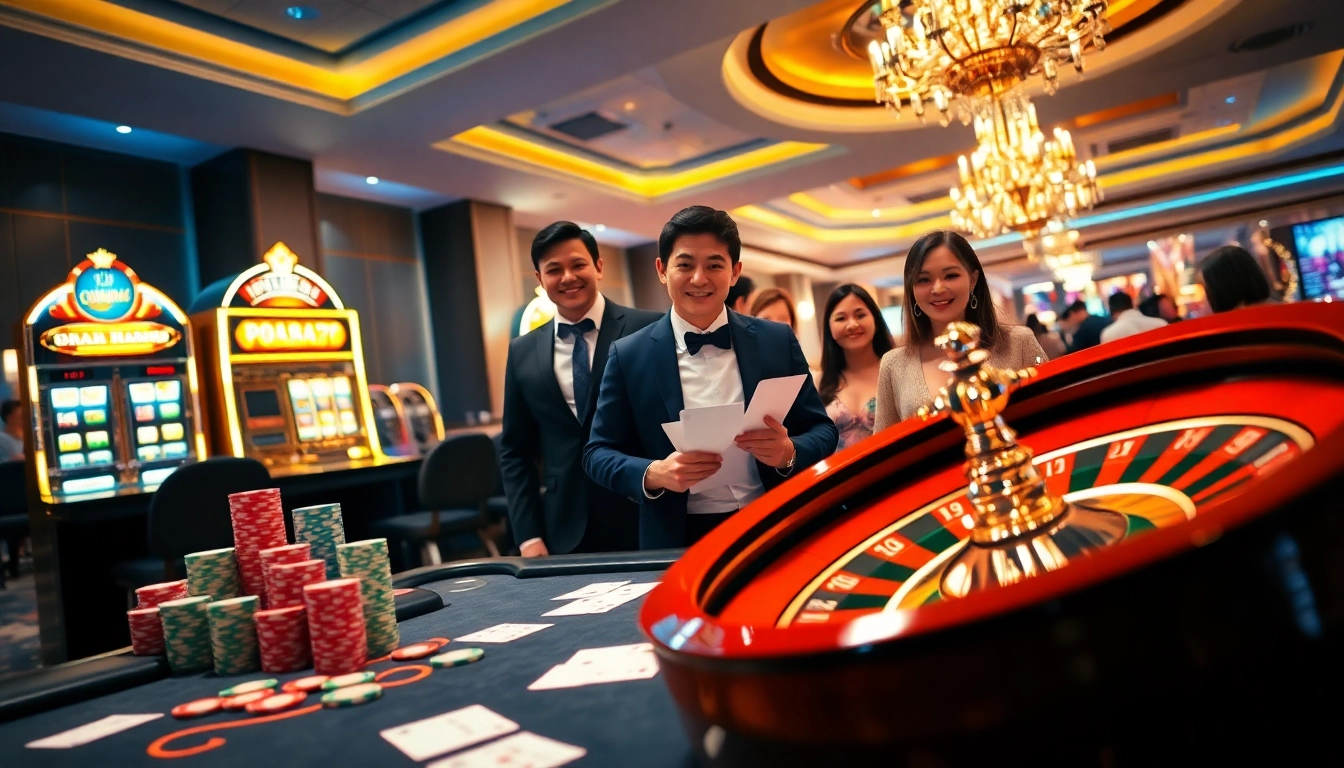 Players enjoying a thrilling gaming experience on Trang chu daga with vibrant tables and glowing machines.