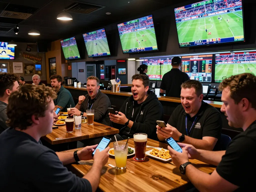 Xo88 sports enthusiasts enjoying live betting actions in a lively sports bar atmosphere.