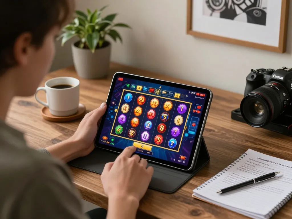 Player engaging with a vibrant slot game interface on tablet while enjoying 98win01 in a cozy home setting.
