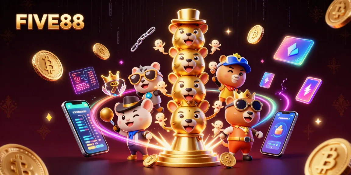 Engage with the vibrant world of FIVE88 featuring a lively 3D totem and crypto elements.