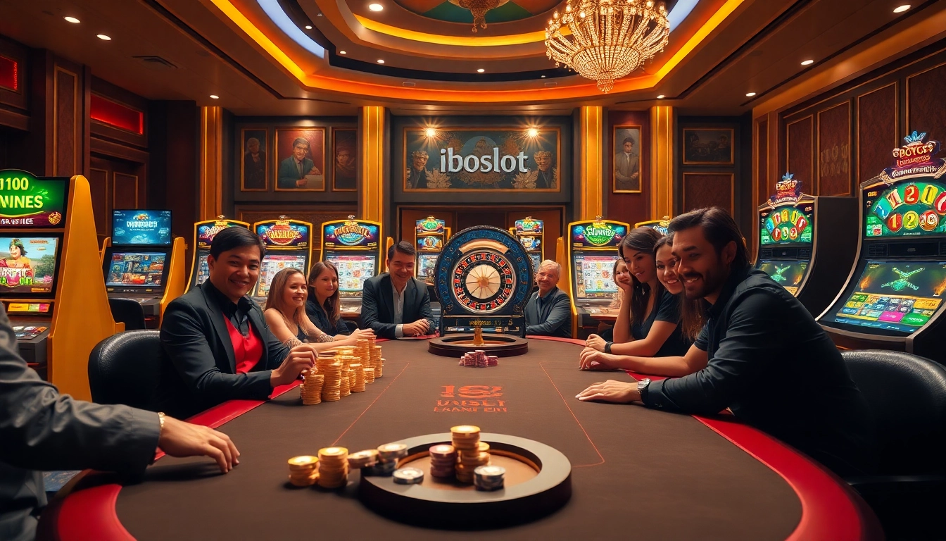Iboslot alternatif access showcased at a vibrant casino scene featuring poker and slot machines.