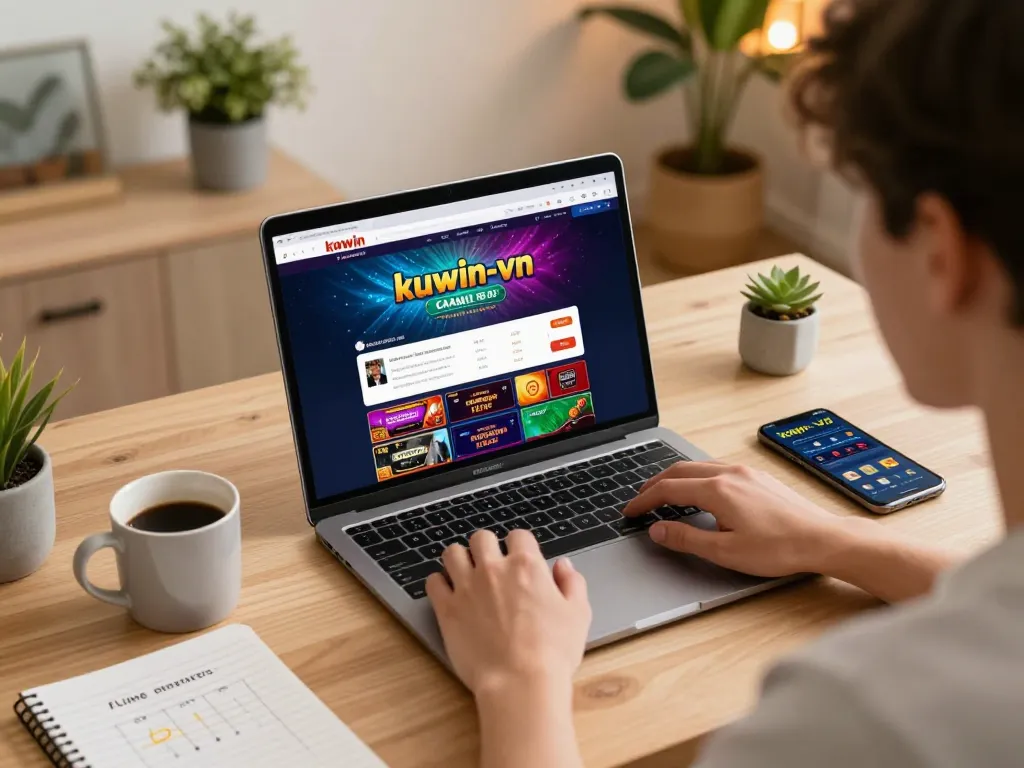 Engaging with the kuwin-vn online casino interface in a cozy home office.