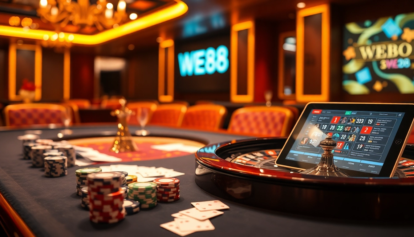 Experience the excitement of WE88 at an elegant casino table with poker chips, cards, and a roulette wheel.