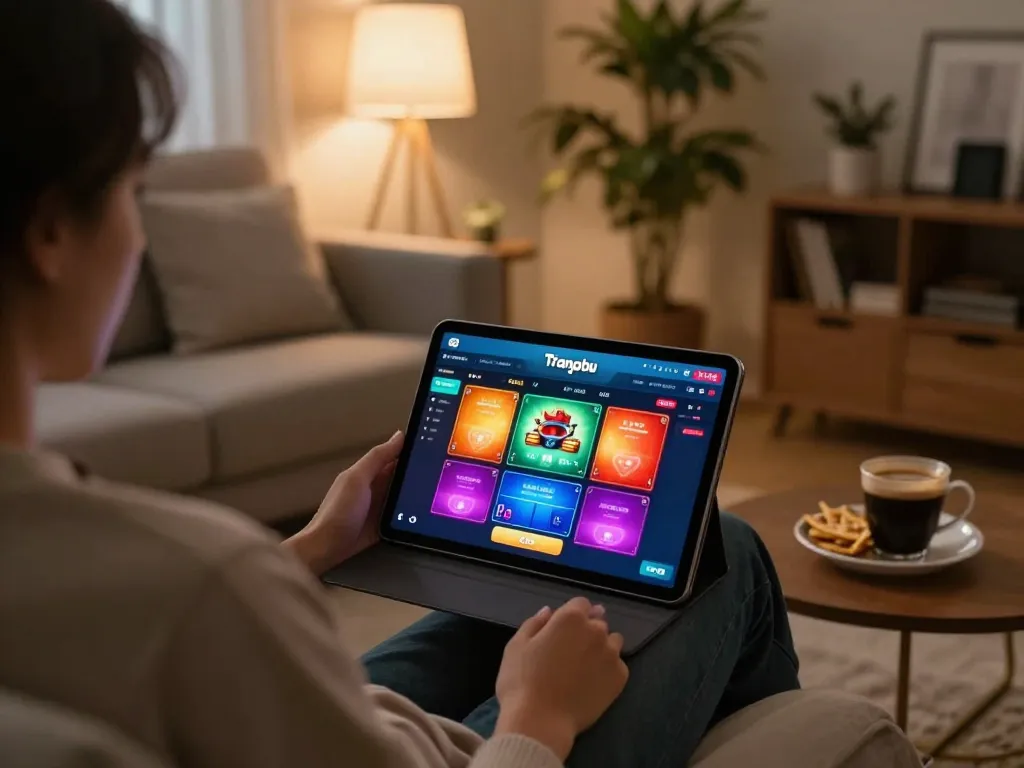 Engaging with TR88 trang chủ on a tablet in a cozy living room, showcasing online gambling
