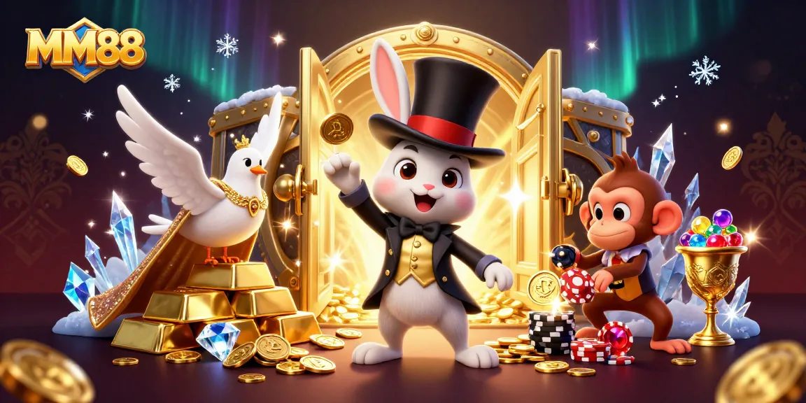 MM88 magician rabbit conjures coins and poker chips in a vibrant casino scene full of treasures.
