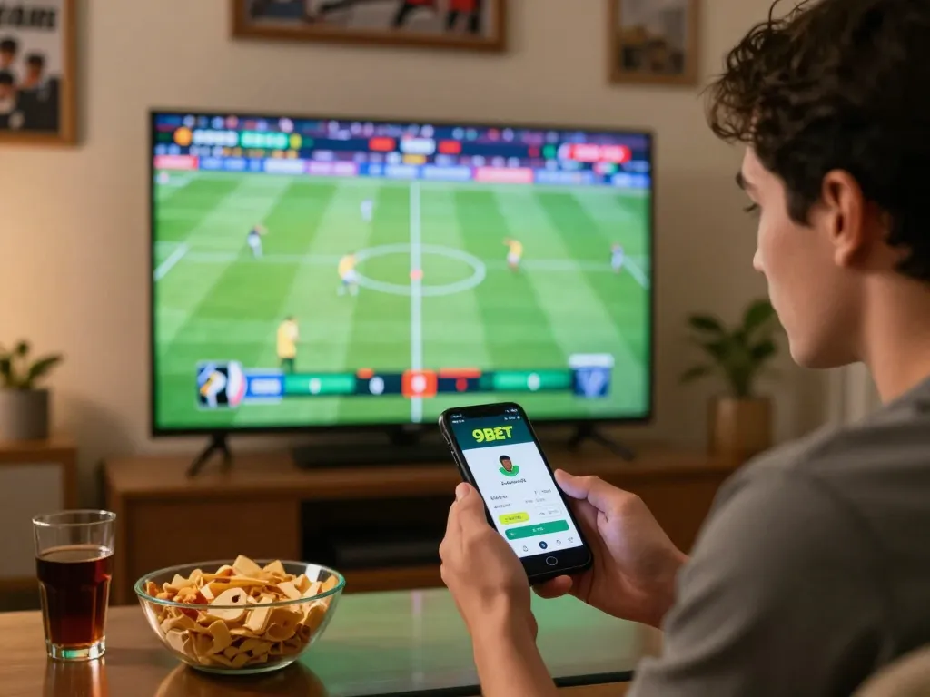 Sports betting excitement as a player uses the 9BET app during a live football match.