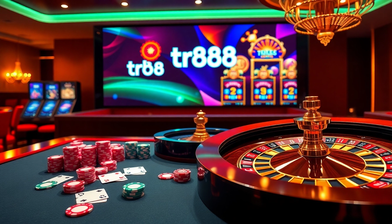 Engage with a high-stakes game table featuring tr88 logo and vibrant casino elements for thrilling gambling experience.