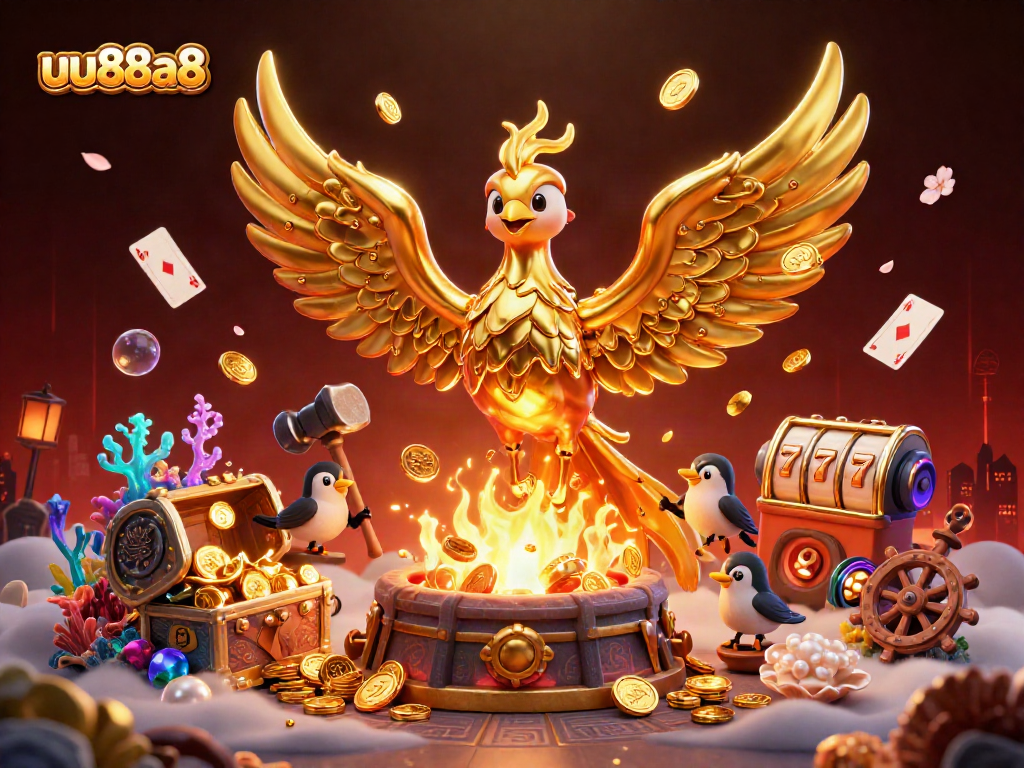 uu88a8 showcases a vibrant 3D illustration of a golden phoenix surrounded by casino elements.