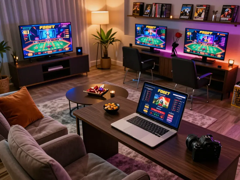 Engaged player strategizing on F8BET gaming platform in a cozy home office setting with modern decor.
