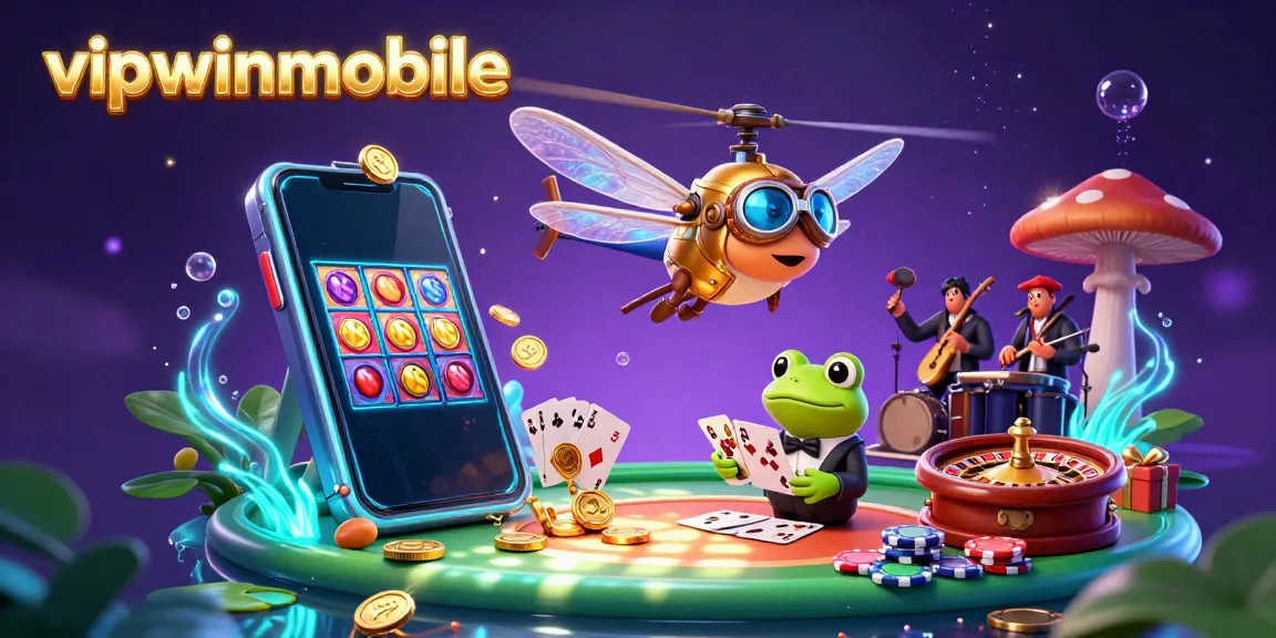 Experience the excitement of vipwinmobile with a vibrant dragonfly pilot and a frog croupier in a magical casino scene.