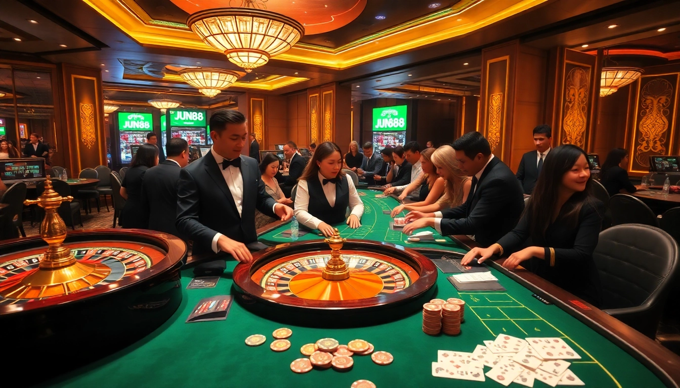 Players enjoying a thrilling casino experience at JUN88 with roulette and poker action.