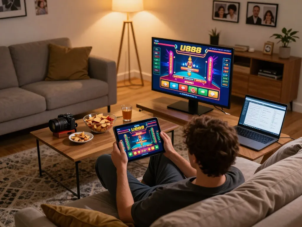 Engaging with the U888 casino app in a cozy home setting