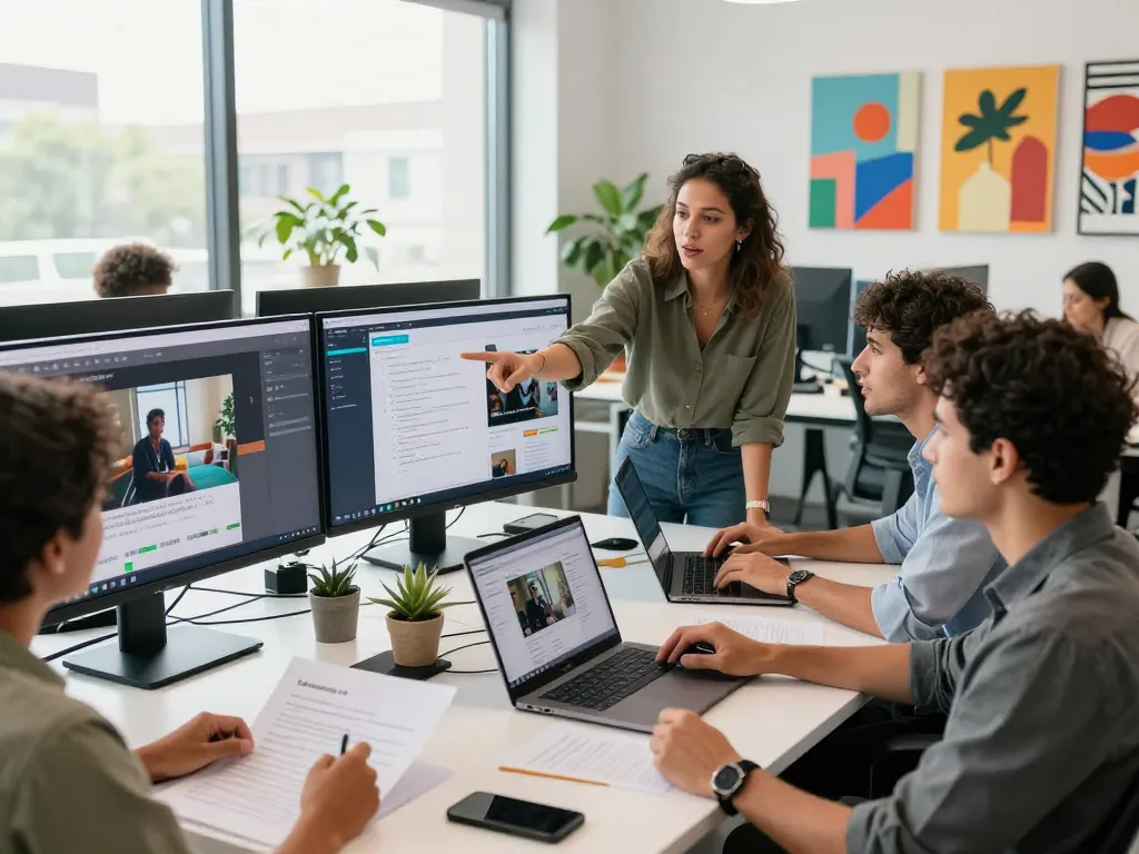 Team collaborating on Seedance AI video production in a modern workspace, showcasing creativity and technology.