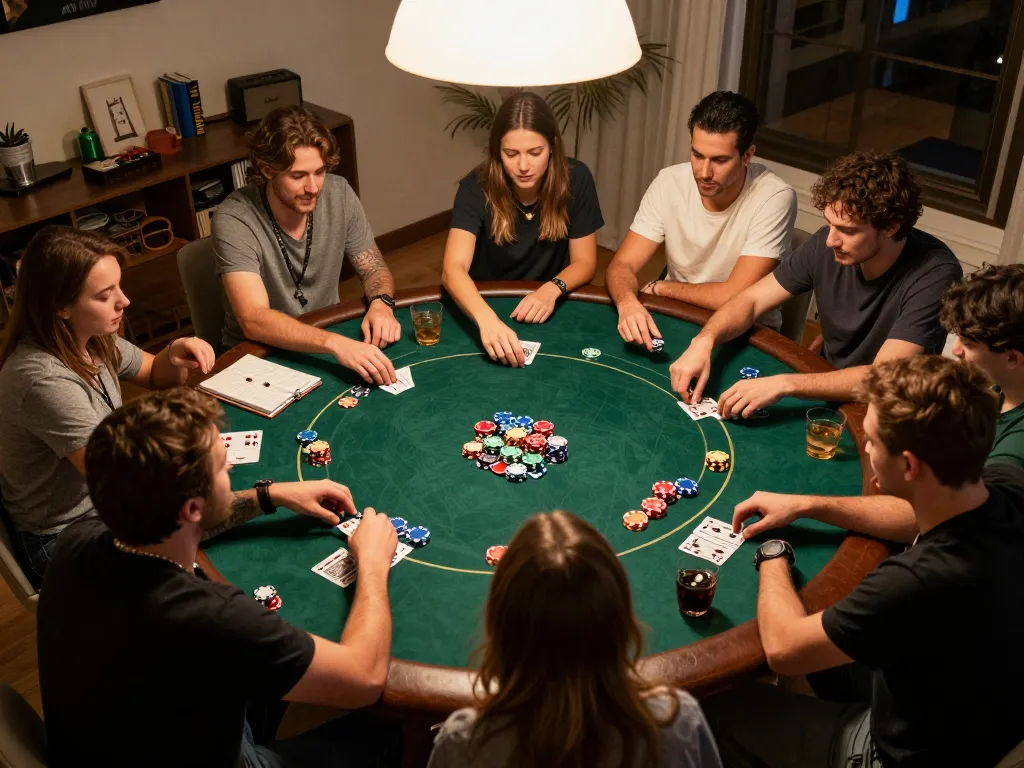 Players enjoying Texas Hold'em during a fun home game night, showcasing strategy and camaraderie at https://mm88.se.net/